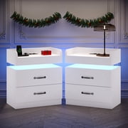 4 EVER WINNER Modern White Nightstand Set of 2 with Charging Station and LED Lights Modern Bedside Tables with Drawers End Tables for Bedroom Living Room