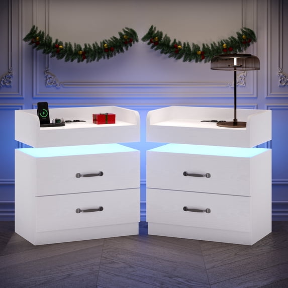 4 Ever Winner Modern White Nightstand Set of 2 with Charging Station and LED Lights Modern Bedside Tables with Drawers End Tables for Bedroom Living Room