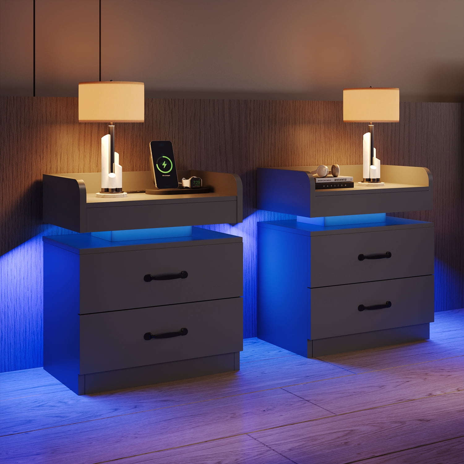 4 EVER WINNER Nightstand Set of 2 with Charging Station, LED Night Stand with 2 Drawers, Modern Beside End Table Side Table for Bedroom Living, Black