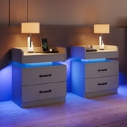 4 EVER WINNER Nightstand Set of 2 with Charging Station, LED Night Stand with 2 Drawers, Modern Beside End Table Side Table for Bedroom Living, Gray
