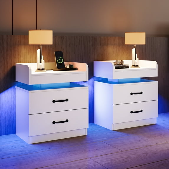 4 EVER WINNER Nightstand Set of 2 with Charging Station, LED Night Stand with 2 Drawers, Modern Beside End Table Side Table for Bedroom Living, White