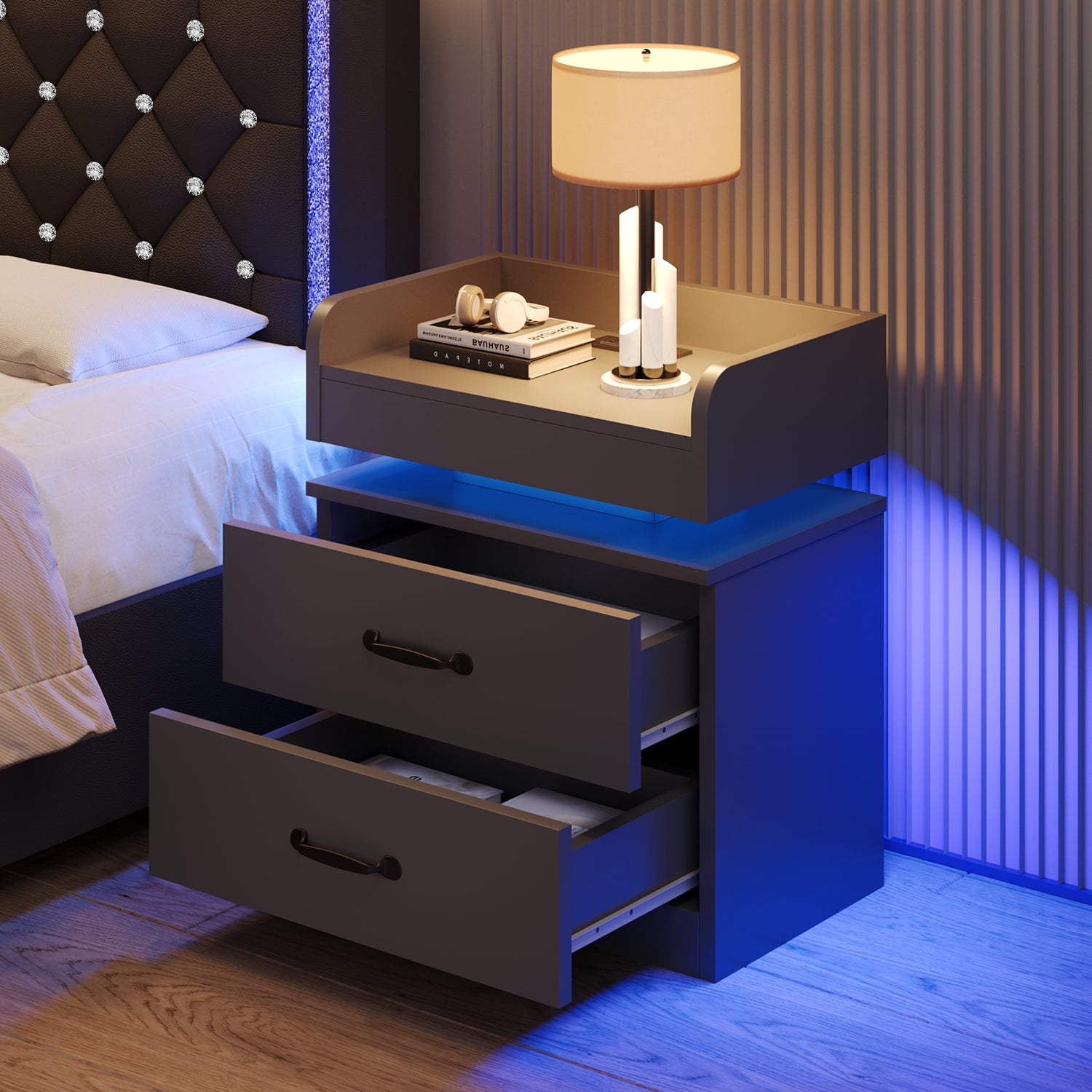4 EVER WINNER Nightstand with Charging Station, LED Night Stand with 2 Drawers, Modern Beside End Table Side Table for Bedroom Living, Black