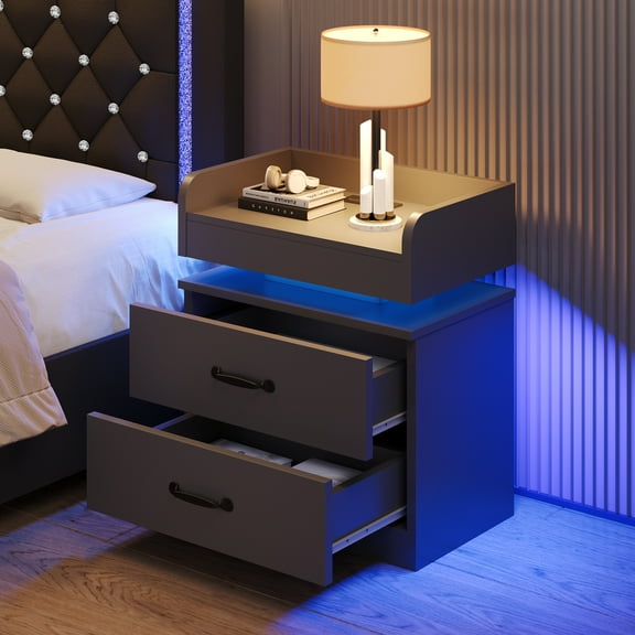 4 EVER WINNER Nightstand with Charging Station, LED Night Stand with 2 Drawers, Modern Beside End Table Side Table for Bedroom Living, Black