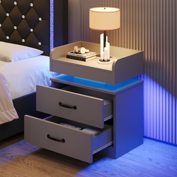 4 EVER WINNER Nightstand with Charging Station, LED Night Stand with 2 Drawers, Modern Beside End Table Side Table for Bedroom Living, Gray