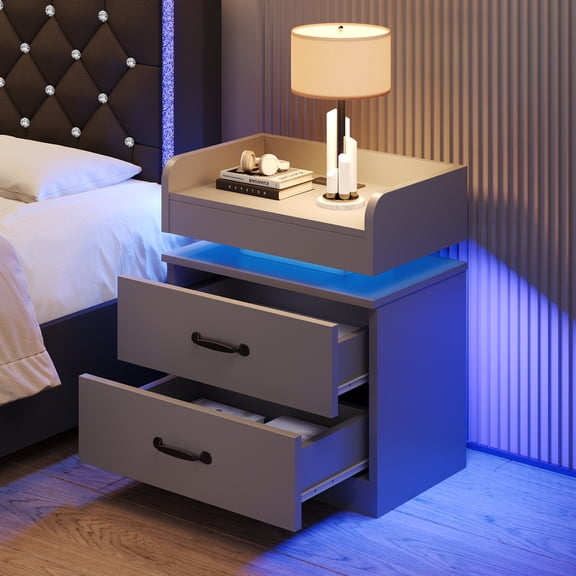 4 EVER WINNER Nightstand with Charging Station, LED Night Stand with 2 Drawers, Modern Beside End Table Side Table for Bedroom Living, Gray