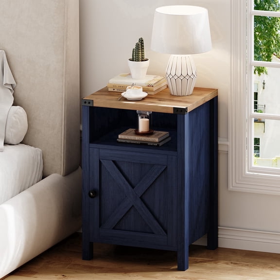 4 EVER WINNER Nordic Barn Door Side Table, New Blue Storage End Table, Modern Accent Table for Home Office & Living Room