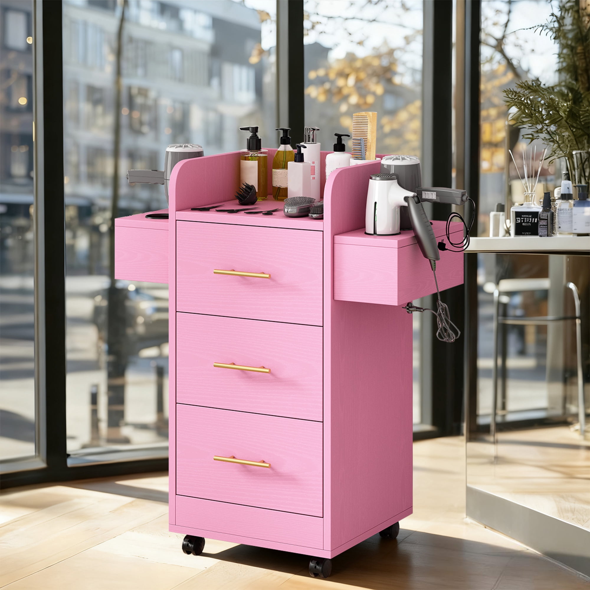 4 EVER WINNER Pink & Gold Barber Storage Cabinet with Gold Handles, Rolling Salon Station with 3 Drawers & 6 Tool Holders, Stylish Movable Cart for Hair Styling Tools