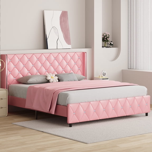 4 EVER WINNER Pink King Upholstered Bed Frame, Silver-Trim Button Tufted Headboard, Wooden Slat Support, No Box Spring Needed, Hassle-Free Assembly