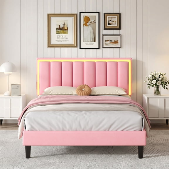 4 EVER WINNER Pink Queen Bed Frame with LED Lights, Premium PU Upholstered Headboard, Heavy-Duty Platform Design, Noise-Free, No Box Spring Needed, Easy Assembly