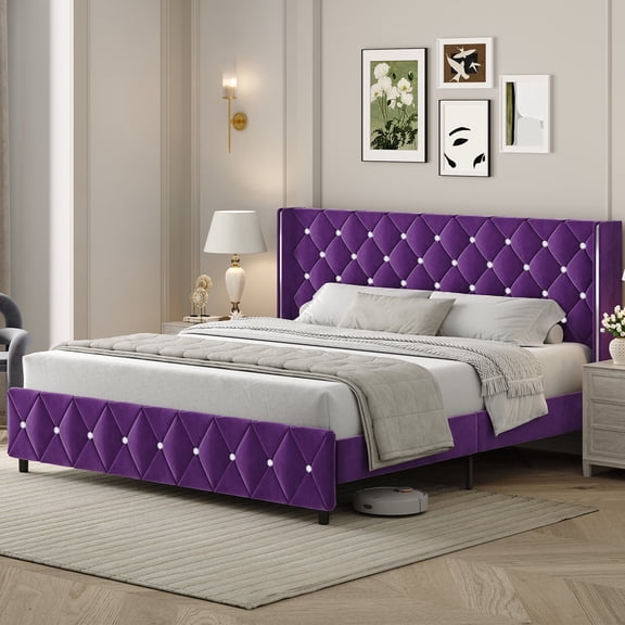 4 EVER WINNER Purple Full Size Bed Frame, Silver-Trim Button Tufted Upholstered Headboard, Velvet, Box Spring-Free, Tool-Free Assembly