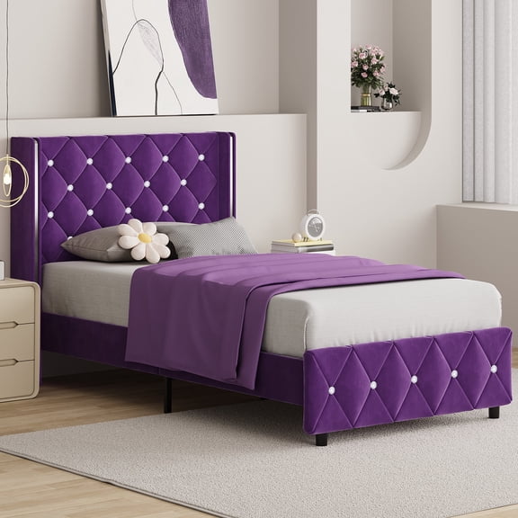 4 EVER WINNER Purple Twin Upholstered Bed Frame, Silver-Trim Button Tufted Headboard, Velvet, No Box Spring Required, Easy Assembly