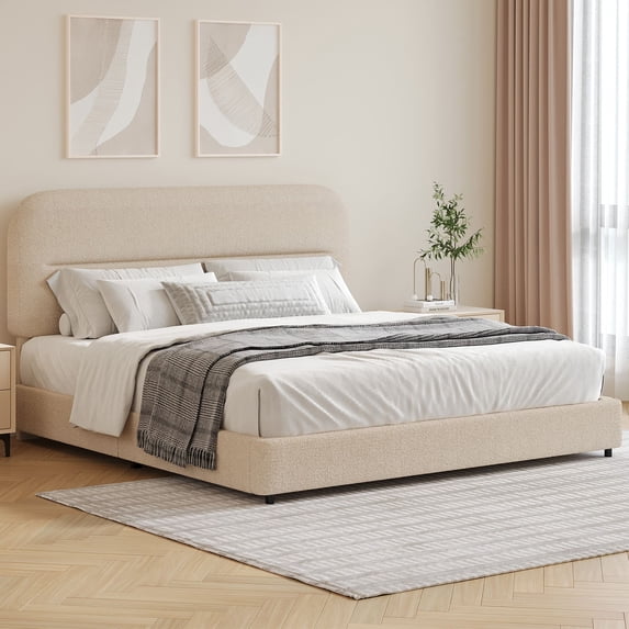 4 EVER WINNER Queen Bed Frame with Headboard, Boucle Upholstered Platform Bed Frame, Luxurious Soft Rounded Corners, No Box Spring Required, Non-Slip and Noise-Free, Easy Assembly, Beige
