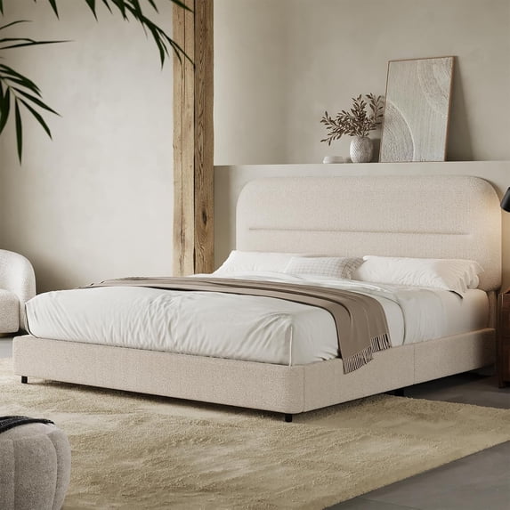 4 Ever Winner Modern Queen Bed Frame, Boucle Upholstered Platform with Headboard, No Box Spring Needed, Cream