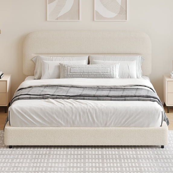 4 EVER WINNER Queen Bed Frame with Headboard, Cloud Boucle Upholstered Platform Bed with Wood Slats, Soft Rounded Corners, No Box Spring Required, Non-Slip and Noise-Free, Easy Assembly, Cream