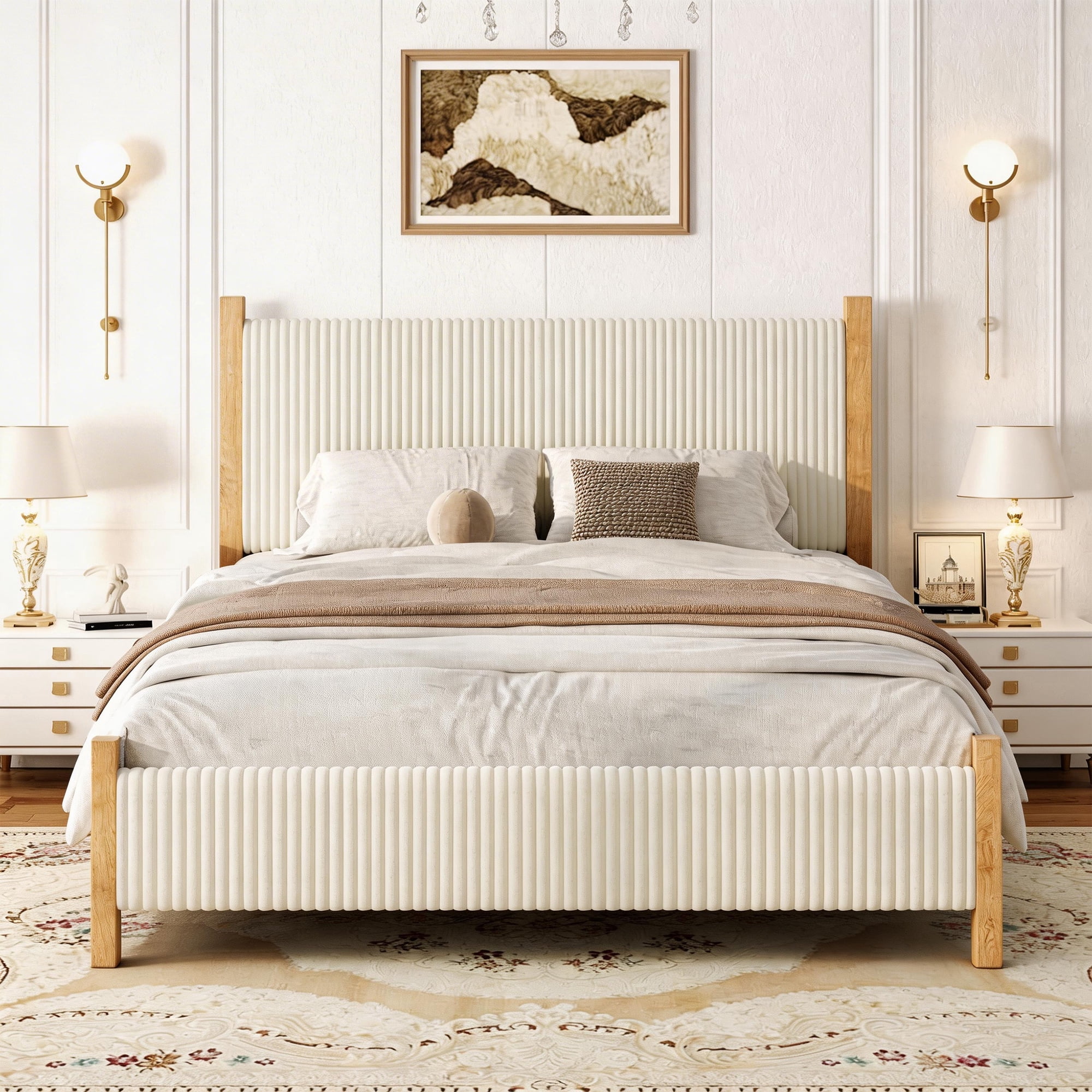 4 EVER WINNER Queen Bed Frame with Headboard, Corduroy Upholstered, Vertical Channel Design, Noise-Free Strong Structure, No Box Spring Needed, Easy Assembly, Beige