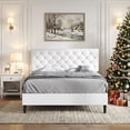 thumbnail image 1 of 4 EVER WINNER Queen Bed Frame with Headboard, Faux Leather Upholstered Platform Bed Frame, White Bed Frame Queen Size, Wooden Slat Support, No Box Spring Needed, White, 1 of 8