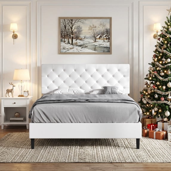4 EVER WINNER Queen Bed Frame with Headboard, Faux Leather Upholstered Platform Bed Frame, White Bed Frame Queen Size, Wooden Slat Support, No Box Spring Needed, White