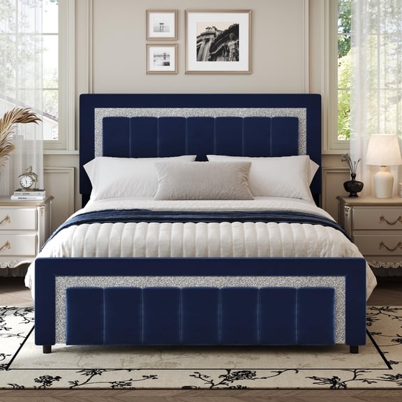 4 EVER WINNER Queen Bed Frame with Headboard, Velvet Upholstered Platform Bed Frame Queen Size with Diamond Headboard & Footboard, Wooden Slats Support, No Box Spring Required, Easy Assembly, Blue