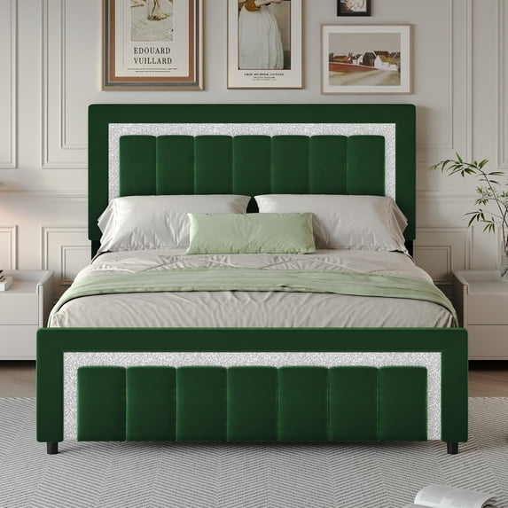4 EVER WINNER Queen Bed Frame with Headboard, Velvet Upholstered Platform Bed Frame Queen Size with Diamond Headboard & Footboard, Wooden Slats Support, No Box Spring Required, Easy Assembly, Green