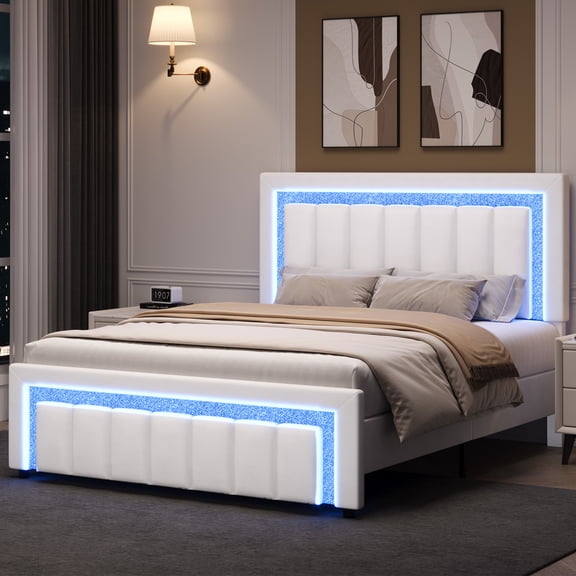 4 EVER WINNER Queen Bed Frame with LED Lights, Velvet Upholstered Platform Bed with Modern Diamond Headboard & Footboard, Noise-Free Wooden Slats Support, No Box Spring Needed, White