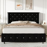 4 EVER WINNER Queen Bed Frame, Velvet Upholstered Platform Bed Frame with Diamond Tufted Headboard and Wingback, Black