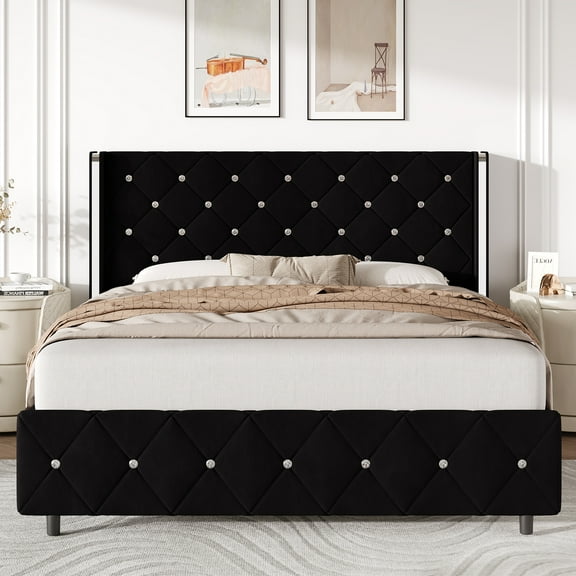 4 EVER WINNER Queen Bed Frame, Velvet Upholstered Platform Bed Frame with Diamond Tufted Headboard and Wingback, Black