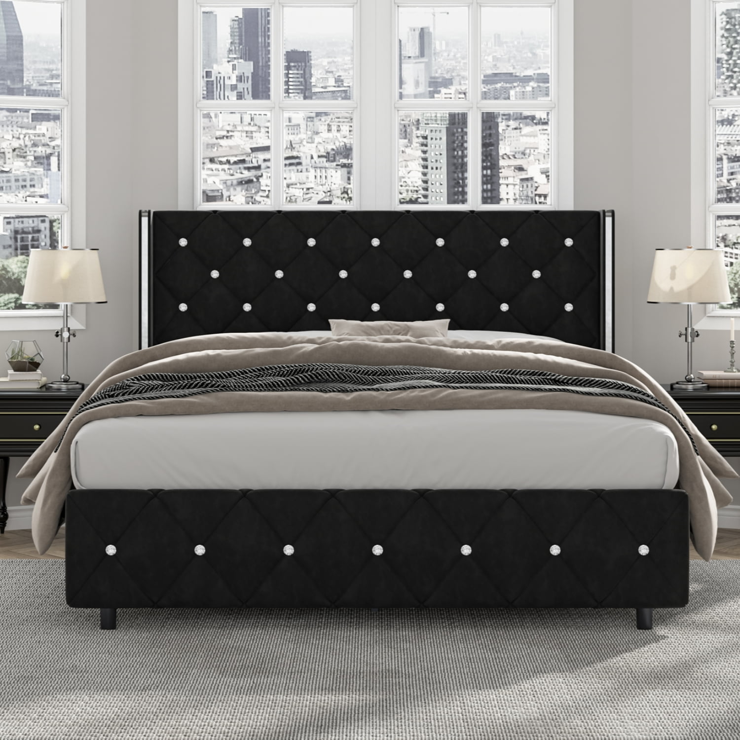 4 EVER WINNER Queen Bed Frame, Velvet Upholstered, Modern Black with ...
