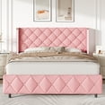 thumbnail image 1 of 4 EVER WINNER Queen Bed Frame, PU Leather Upholstered Platform Bed Frame with Diamond Tufted Headboard and Wingback, Pink, 1 of 7