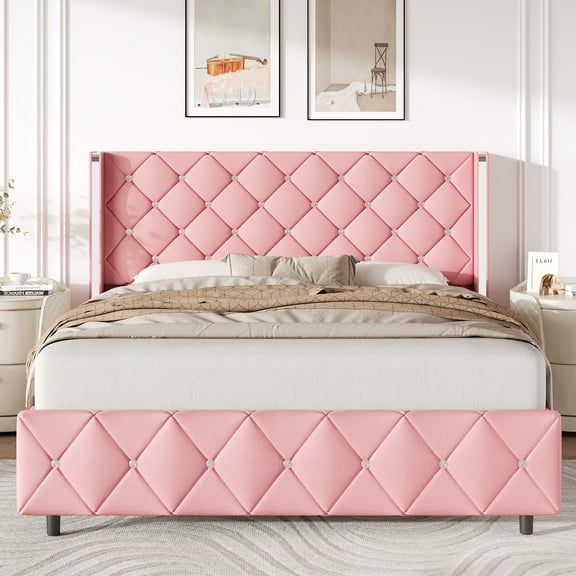 4 EVER WINNER Queen Bed Frame, PU Leather Upholstered Platform Bed Frame with Diamond Tufted Headboard and Wingback, Pink