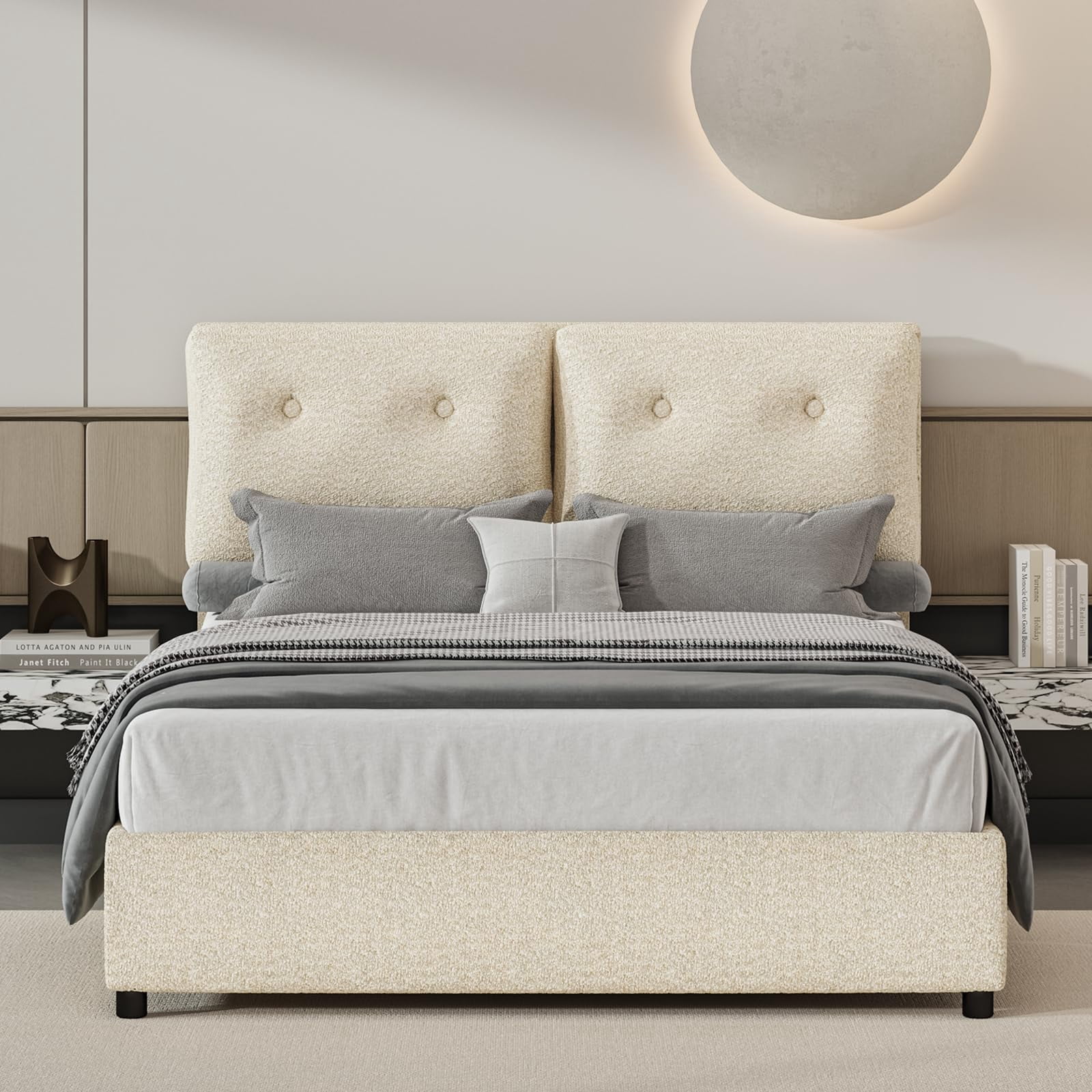 4 EVER WINNER Queen Bed Frame, Queen Size Bed Frame with Headboard, Boucle Bed Frame with Removable Pillow Upholstery, No Box Spring Required, Easy Assembly, Cream