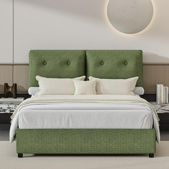 4 EVER WINNER Queen Bed Frame, Queen Size Bed Frame with Headboard, Boucle Bed Frame with Removable Pillow Upholstery, No Box Spring Required, Easy Assembly, Green