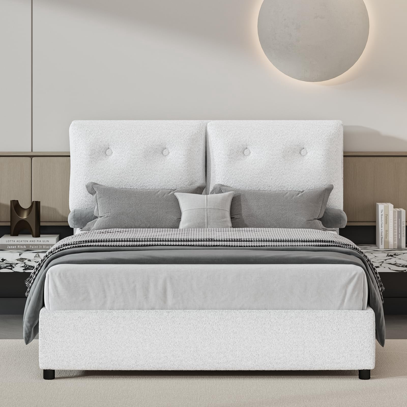 4 EVER WINNER Queen Bed Frame, Queen Size Bed Frame with Headboard, Boucle Bed Frame with Removable Pillow Upholstery, No Box Spring Required, Easy Assembly, White