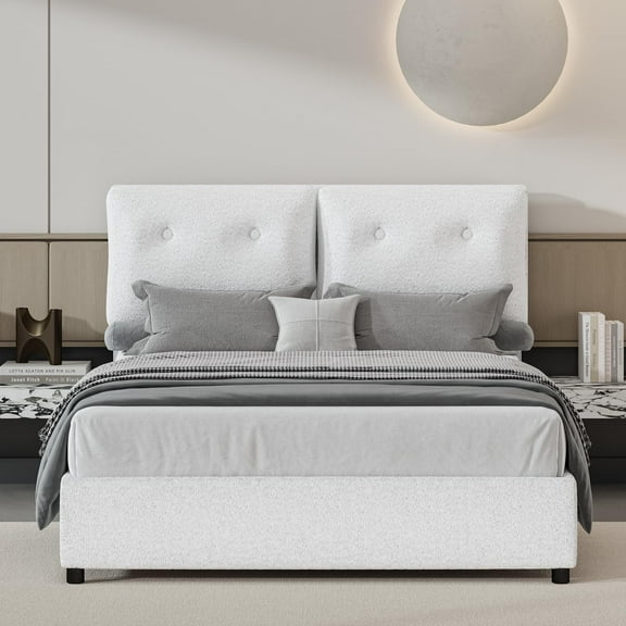 4 EVER WINNER Queen Bed Frame, Queen Size Bed Frame with Headboard, Boucle Bed Frame with Removable Pillow Upholstery, No Box Spring Required, Easy Assembly, White