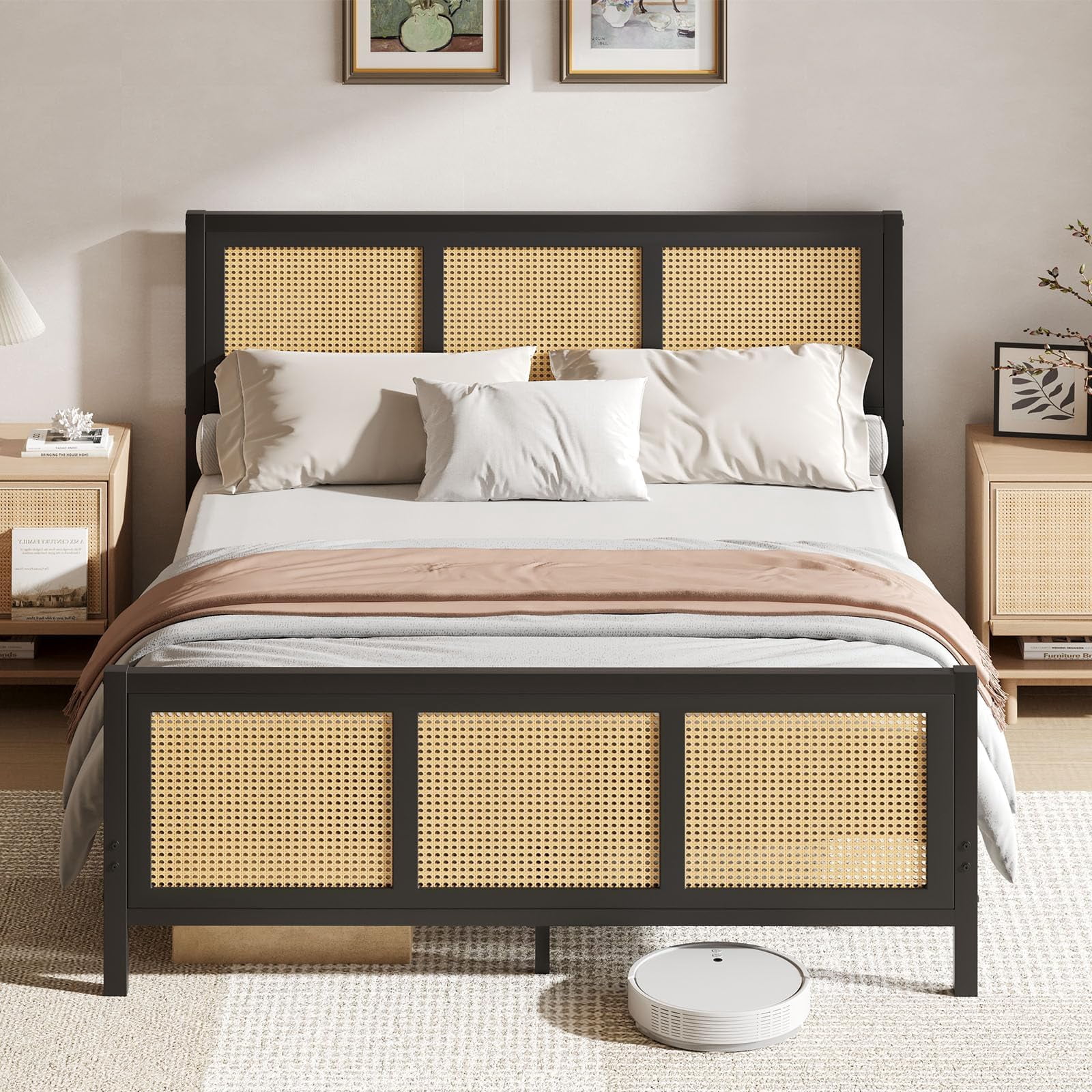4 EVER WINNER Queen Bed Frame, Queen Size Bed Frame with Natural Rattan Headboard and Footboard, Rattan Bed Frame for Bedroom, No Box Spring Needed, Black