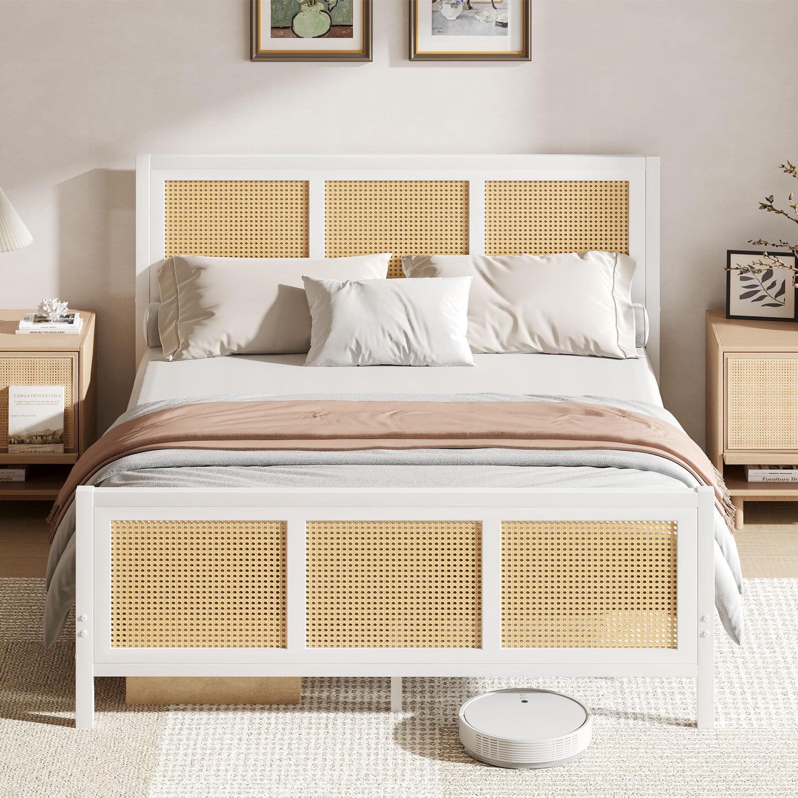 4 EVER WINNER Queen Bed Frame, Queen Size Bed Frame with Natural Rattan Headboard and Footboard, Rattan Bed Frame for Bedroom, No Box Spring Needed, White