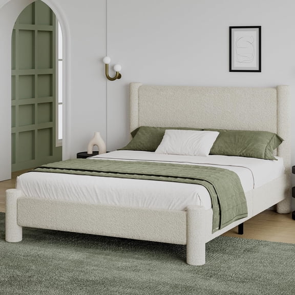4 Ever Winner Queen Bed Frame, Queen Size Bed Frame, Upholstered Queen Bed with Rounded Legs, Boucle Bed Frame with Headborad, Beige