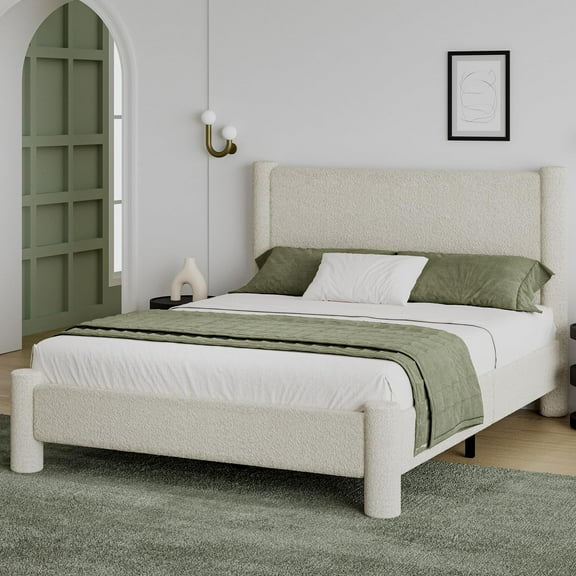 4 EVER WINNER Queen Bed Frame, Queen Size Bed Frame, Upholstered Queen Bed with Rounded Legs, Boucle Bed Frame with Headborad, Beige