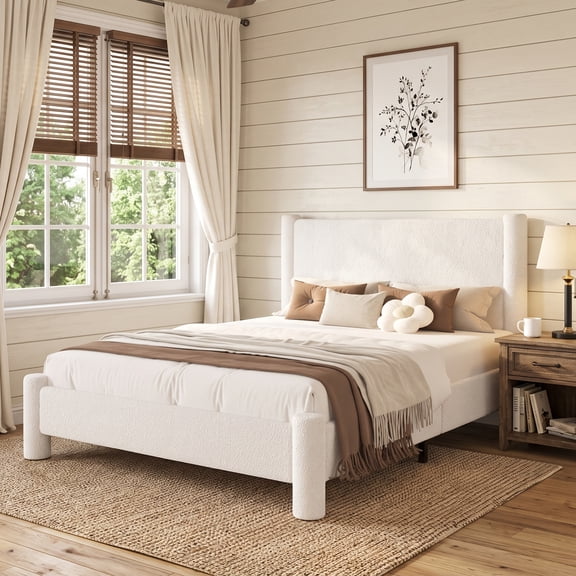 4 Ever Winner Queen Bed Frame, Queen Size Bed Frame, Upholstered Queen Bed with Rounded Legs, Boucle Bed Frame with Headborad, Beige