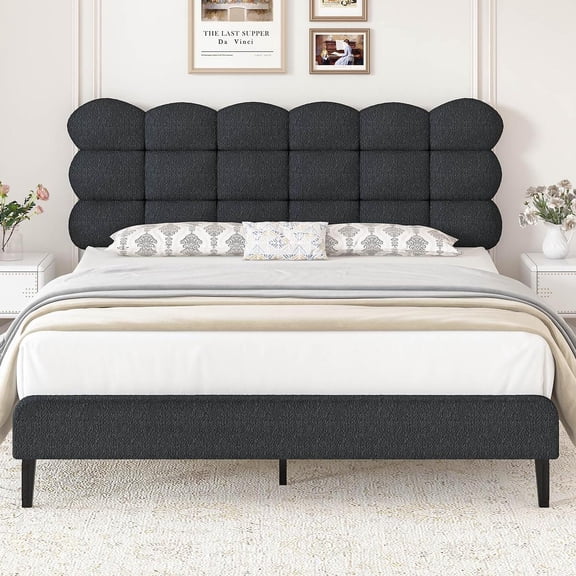 4 EVER WINNER Queen Bed Frame, Queen Size Bed Frame with Detachable Upholstered Headboard, Two Bed Forms Design, Teddy Fleece Fabric, Black