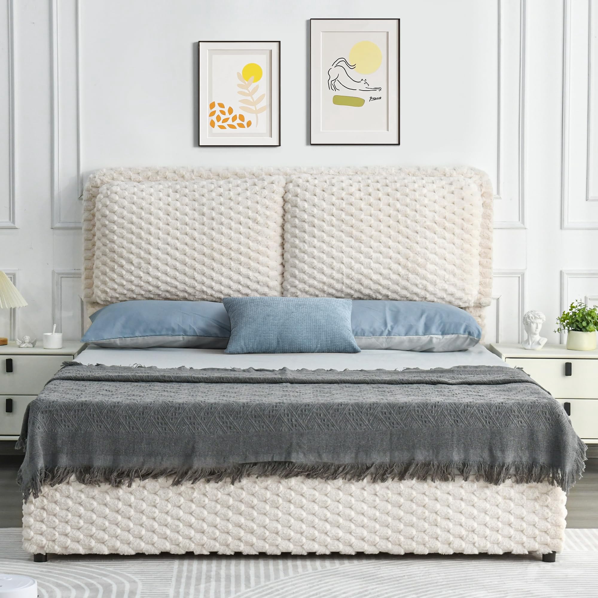 4 EVER WINNER Queen Bed Frame, Queen Size bed Frame with Headboard, Upholstered Bed Frame with Removable Pillows, Cream