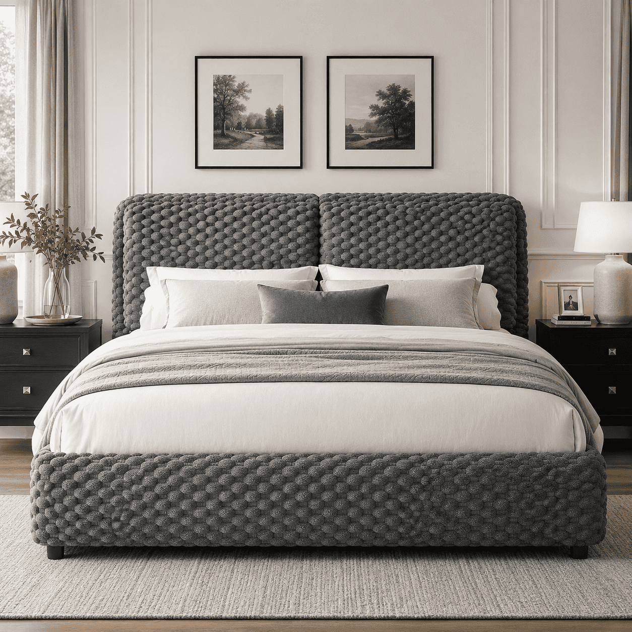 4 EVER WINNER Queen Bed Frame, Queen Size bed Frame with Headboard, Upholstered Bed Frame with Removable Pillows, Grey