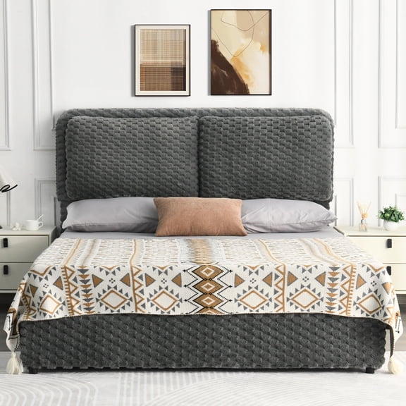 4 EVER WINNER Queen Bed Frame, Queen Size bed Frame with Headboard, Upholstered Bed Frame with Removable Pillows, Grey