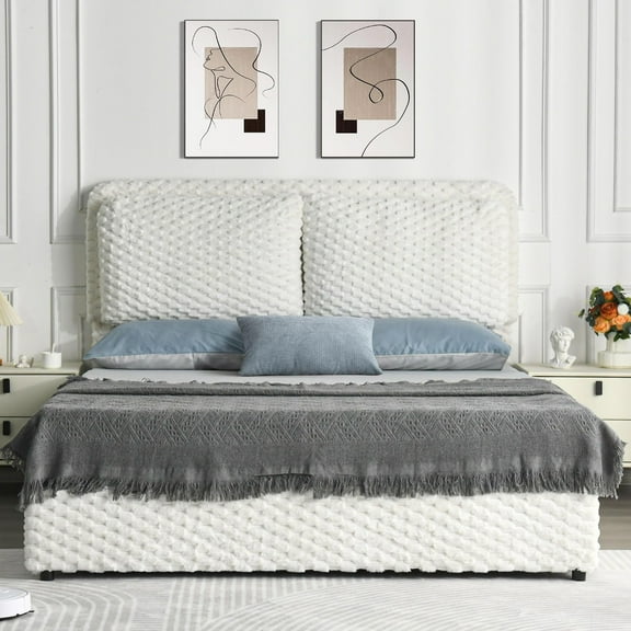 4 EVER WINNER Queen Bed Frame, Queen Size bed Frame with Headboard, Upholstered Bed Frame with Removable Pillows, White