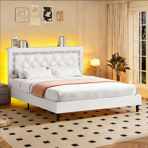 4 EVER WINNER Queen Bed Frame with Storage Headboard, Faux Leather Bed Frame with Diamond Tufted Headboard and LED Lights,Wooden Slats Support, Noise Free, No Box Spring Needed, Easy Assembly, White