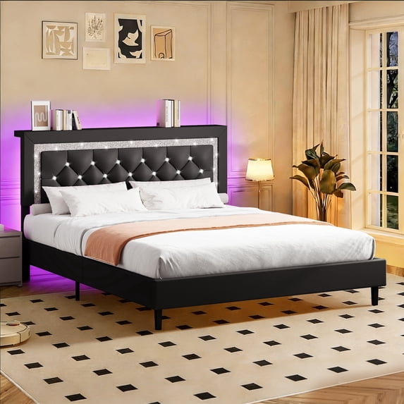 4 EVER WINNER Queen Bed Frame with Storage Headboard, Faux Leather Bed Frame with Diamond Tufted Headboard and LED Lights,Wooden Slats Support, Noise Free, No Box Spring Needed, Easy Assembly, Black