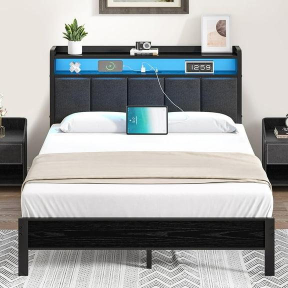 4 EVER WINNER Queen Bed Frame with Storage headboard, Metal Platform Bed with LED Lights and Charging Station, Comfortable Upholstered Backrest, Black