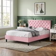 thumbnail image 1 of 4 EVER WINNER Queen Bed Frame, Upholstered Platform Bed with Button Tufted Headboard, Faux Leather Bed Frame with Wooden Slats Support, No Box Spring Required, Easy Assembly, Pink, 1 of 8