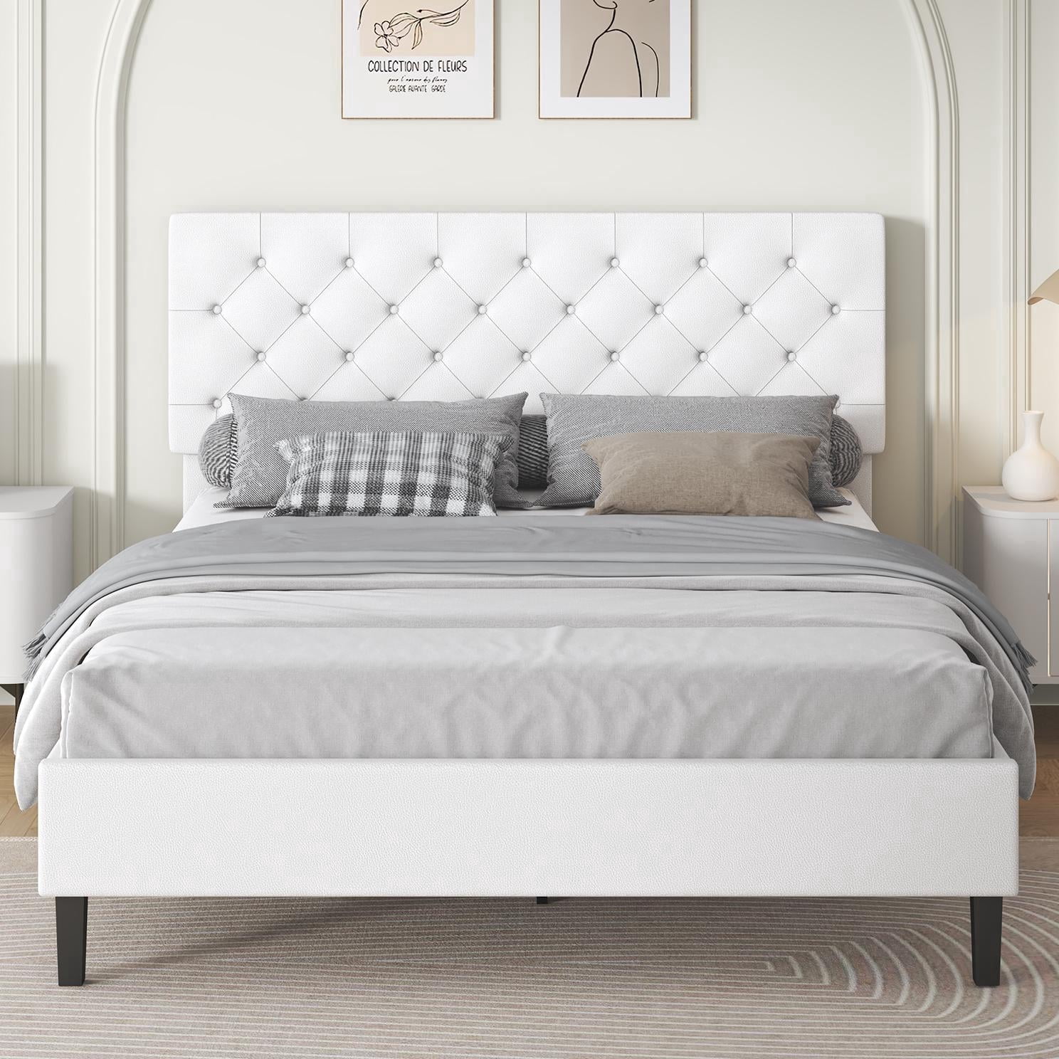 4 EVER WINNER Queen Bed Frame, Queen Upholstered Platform Bed with Button Tufted Headboard, White Queen Bed Frame, White