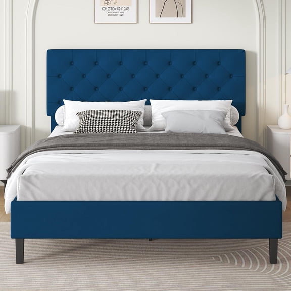 4 EVER WINNER Queen Bed Frame, Queen Upholstered Platform Bed with Button Tufted Headboard, Blue