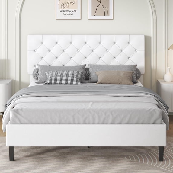 4 EVER WINNER Queen Bed Frame, Queen Upholstered Platform Bed with Button Tufted Headboard, White Queen Bed Frame, White